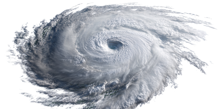 Aerial view of a powerful hurricane with swirling clouds and a visible eye Concept of extreme weather, natural disaster, and climate change