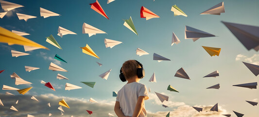 Autistic boy child wearing noise cancelling headphones watching colorful paper planes fly symbolizing thought diversity and creative navigation