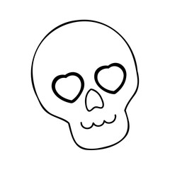 Cute Cartoon Skull with Heart Eyes Black Line Art hearts