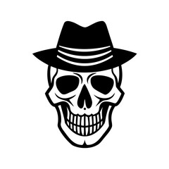 Black and White Skull Wearing Fedora Hat Graphic Design