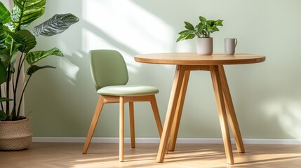 A cozy dining setup featuring a round wooden table and a light green chair, complemented by potted plants and natural light, perfect for contemporary interiors.