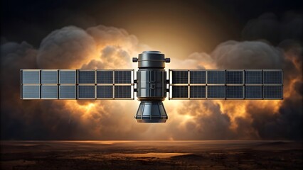 Communication satellite orbiting earth during sunset