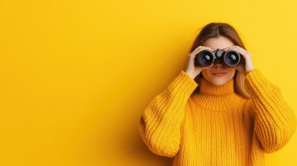 A cheerful young woman wearing a cozy sweater looking through binoculars, set against a bright yellow background, representing curiosity and exploration.