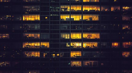 City lights illuminate office building at night
