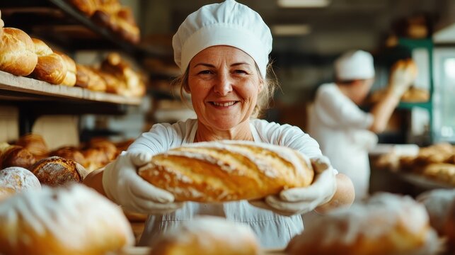 A cheerful baker presents a freshly baked loaf of bread in a warm bakery setting, embodying passion and dedication to the craft of baking and the art of culinary creation.