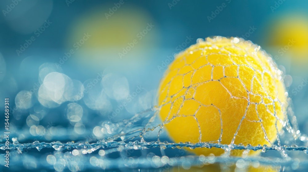 Aufkleber close-up of a yellow ball in a net, submerged in water with a blurred background.