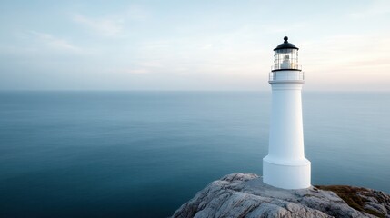 A majestic lighthouse stands tall on rocky cliffs, guiding ships with its beacon, surrounded by the tranquil and vast ocean under a soft sky glow at twilight.