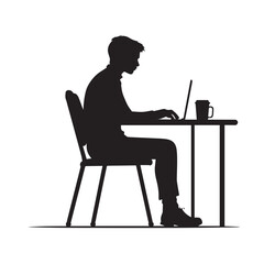 Silhouette of a man working on a laptop at a desk isolated on white