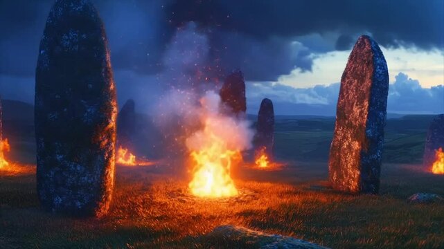 Mystical standing stones encircle a fiery ritual