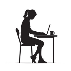 Silhouette of a woman working on a laptop at a desk with coffee