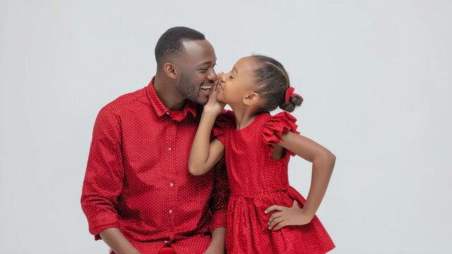 Happy father and daughter in matching red outfits smiling and bonding in studio on white background