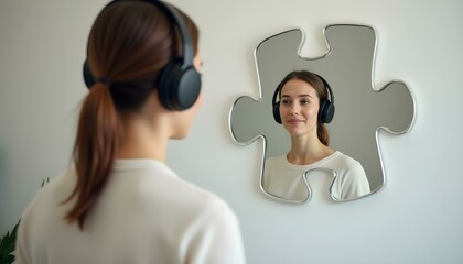 Autistic girl young woman wearing noise canceling headphones looking at puzzle piece mirror symbolizing self-identity and neurodiversity