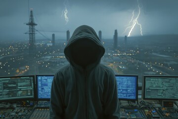 Masked Hacker Operates In Dark Control Room Overlooking Electric Futuristic City