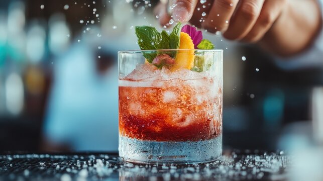An artistic image of a bartender carefully adding garnishes to a beautifully crafted cocktail, highlighting both the drink's elegance and the craftsmanship behind it.