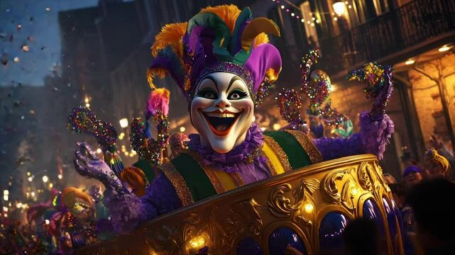 A jovial jester in vibrant Mardi Gras attire, seated within an ornate golden carriage, amidst a lively street parade with confetti and cheering crowds