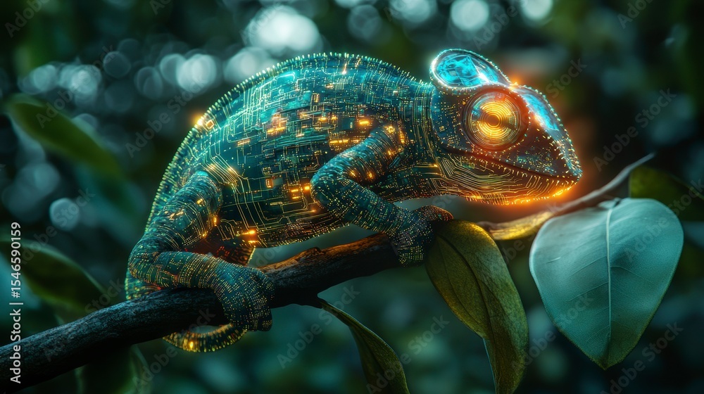 Poster futuristic chameleon with glowing circuit board texture, perched on a branch in a lush green forest.