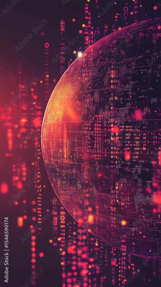 Poster Sphere Grid Tech, Abstract Technology Background with Pink and Red Glowing Elements