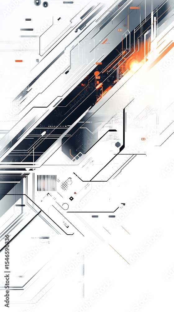 Poster tech abstract futuristic background with lines, geometric shapes, orange flare
