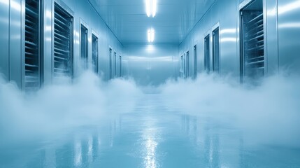 A chilling view of a sterile medical storage room filled with mist, encapsulating the tense atmosphere of preservation and clinical environments in healthcare.