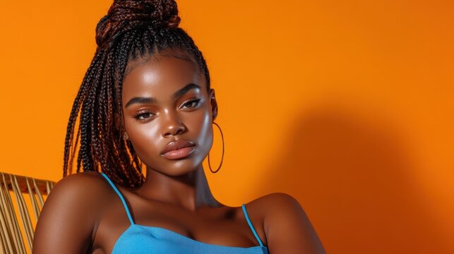 A confident young woman with braids poses elegantly against a vibrant orange backdrop, showcasing beauty and self-expression in a striking portrait.