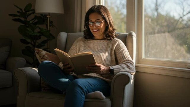 A Hispanic woman sits in a cozy chair, wearing a warm sweater and glasses, absorbed in reading a book in a sunlit living room