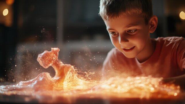 A young boy joyfully observes a colorful slime experiment in progress, illustrating the pure wonder of childhood curiosity and the exciting world of playful creativity.