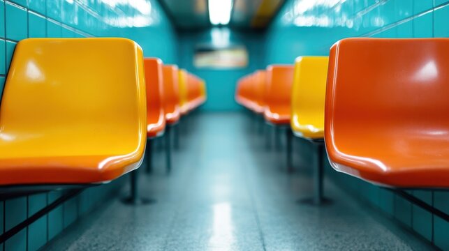 A minimalist view of vibrant orange and yellow chairs lined up in a subway station, highlighting urban design and the essence of public transport aesthetics. - Powered by Adobe