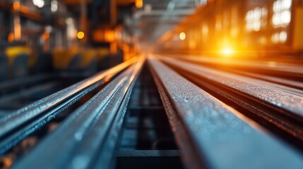 Metallic rails stretch into the horizon, bathed in a warm sunset glow, symbolizing the connection between industry and nature in an urban landscape.