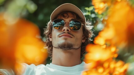 A young man gazes thoughtfully amid vibrant flowers, wearing sunglasses that reflect a beautiful garden scene, encapsulating youth and moments of introspection.