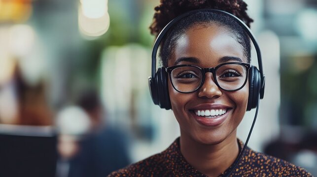 Smiling woman with headphones in office