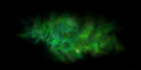Realistic texture of mystical smoke in the background, with green fog swirling and sparkling with glowing particles, as starry neon magic dust shimmers throughout.