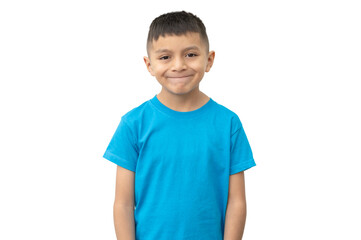 Smiling latin american boy wearing blue t-shirt on white background