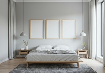 Set of Three Vertical Wooden Frame Mockup in a Modern Scandinavian Bedroom