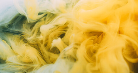 Fume blend. Haze flow. Bright yellow white swirl color stream. Paint mixing art splash defocused abstract background floating wave.