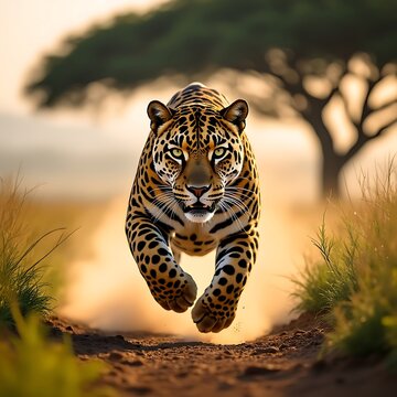 Majestic leopard running towards camera african savanna sunset