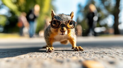 A playful squirrel wearing sunglasses crawls towards the camera, adding a humorous twist to everyday wildlife encounters in a lively urban park environment.