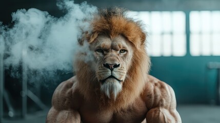 A powerful portrait of a lion showcasing strength and majesty, with a sense of determination and confidence highlighted amidst a misty background, evoking raw nature.