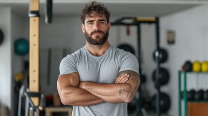 Fototapeta premium A muscular man stands confidently in a gym, showcasing his strength and fitness expertise while creating an inspiring atmosphere for aspiring athletes and fitness lovers.
