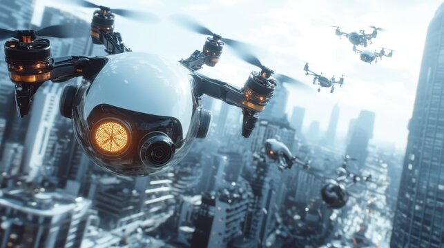 A fleet of sleek drones soars over a bustling city skyline, signifying advancements in technology and innovation as they capture the dynamics of urban life below.