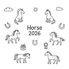 Horses in different poses for 2026 illustration. Doodle style. Cute hand drawn horses
