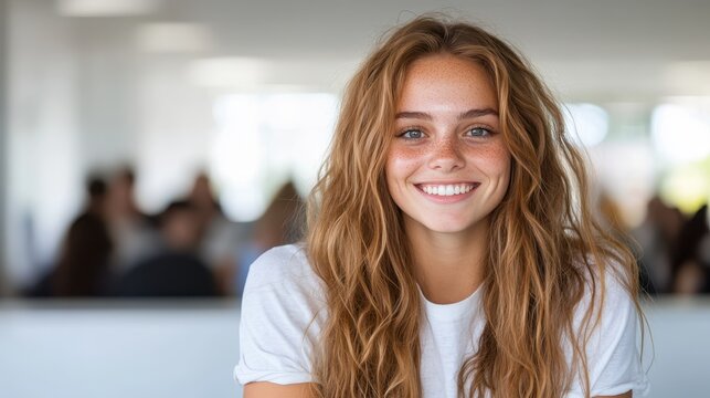 A radiant young woman with sparkling eyes and a bright smile captured in a natural light setting, exuding happiness and positivity in her candid pose.