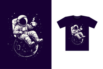Vector illustration of an astronaut relaxing on a floating asteroid while drinking coffee. T-shirt graphic style, isolated on white background.