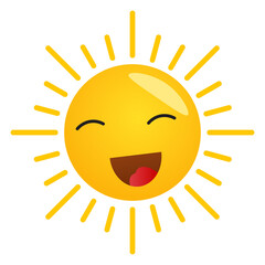 Realistic sun icon for weather design. Sunshine symbol happy orange isolated sun illustration on white.