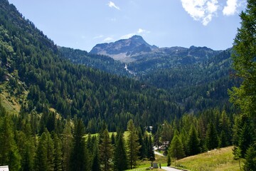 A breathtaking view of a lush mountain valley on a sunny day. 
