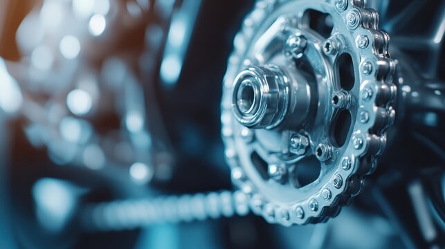 A detailed close-up view of a motorcycle chain and gear mechanism highlights the intricate mechanics of engineering and design essential for mobility and performance of the bike.