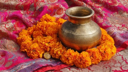 marigold, garland, urn, brass, independence, india, celebration, festive, tradition, culture, saffron, silk, fabric, henna, pattern, decoration, ceremonial, ritual, heritage, patriotism, national, hol