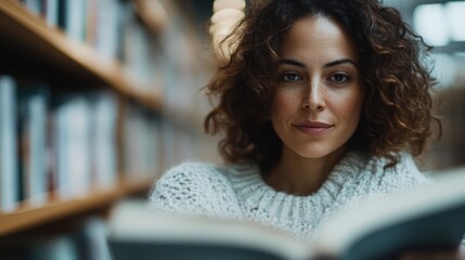 A woman with curly hair reading a book in a peaceful library, capturing the essence of knowledge, introspection, and the joy of literature amidst shelves of books.