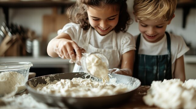Two cheerful children baking together in a cozy kitchen, showcasing the delight of learning, teamwork, and creativity through culinary experiences.