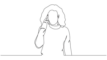 Continuous line drawing of woman thinking with finger on temple expression