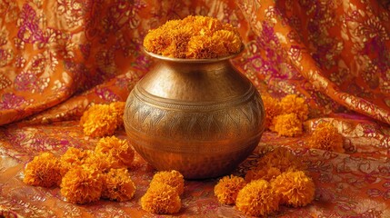 marigold, garland, urn, brass, independence, india, celebration, festive, tradition, culture, saffron, silk, fabric, henna, pattern, decoration, ceremonial, ritual, heritage, patriotism, national, hol